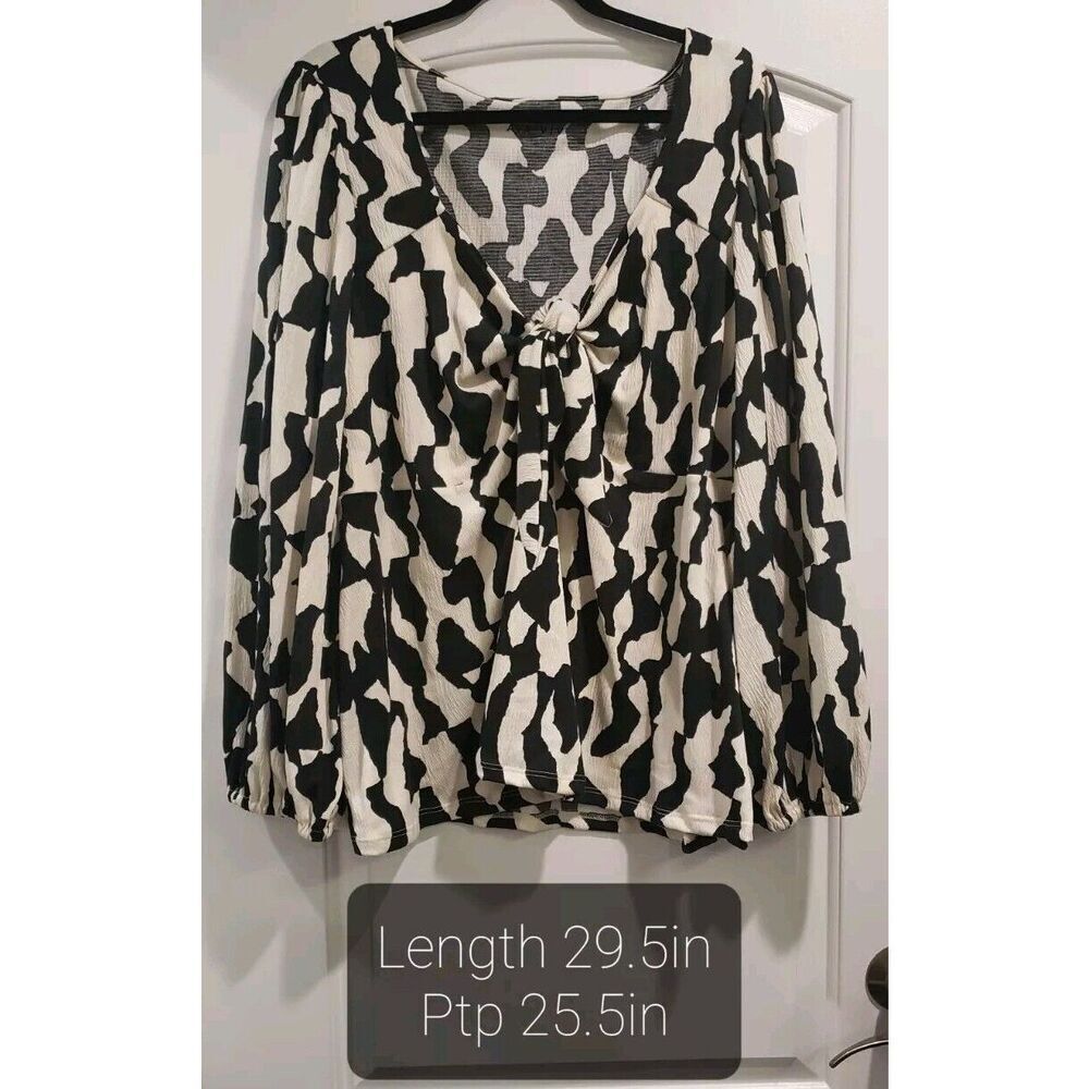 Ava & Viv Women's 3X Long Balloon‎ Sleeve Black & Ivory Print Top NWT